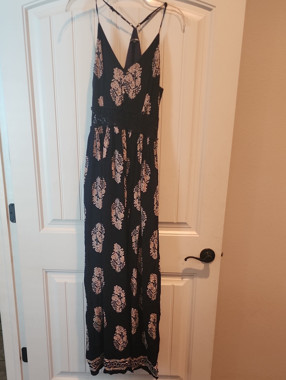 Fashion Nova Navy Maxi Dress with Beige Floral Print